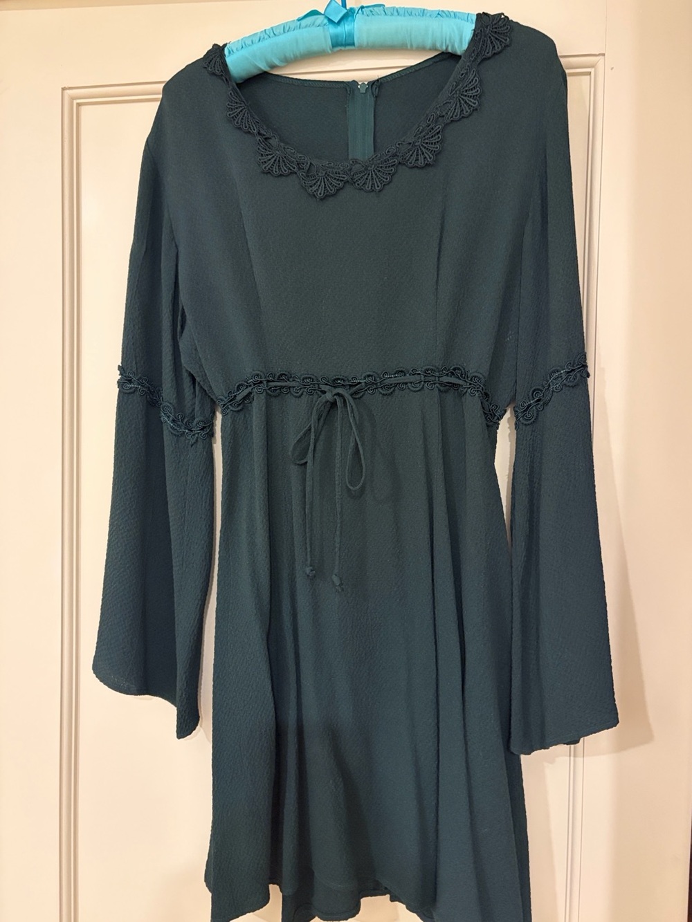 Forest Green Long-Sleeve Boho Dress with Tie Waist